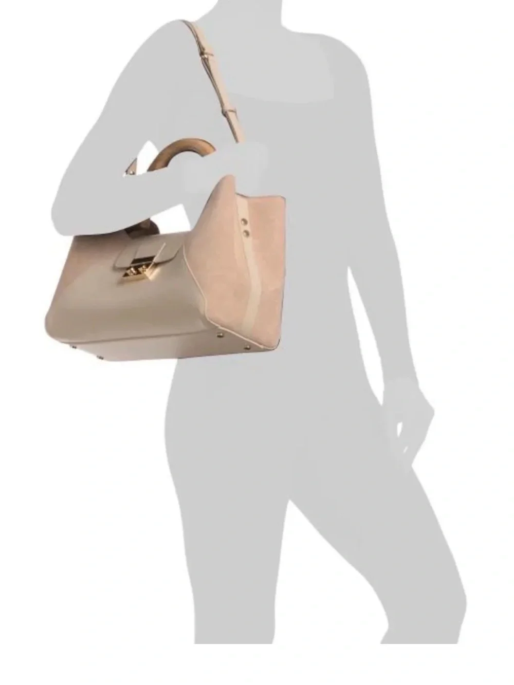 CLAUDIA Firenze Genuine Leather Beige/Cream Satchel Handbag with Wooden Handle